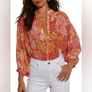 Dress Forum Orange and Pink 3/4 Sleeve Blouse with Mandarin Collar